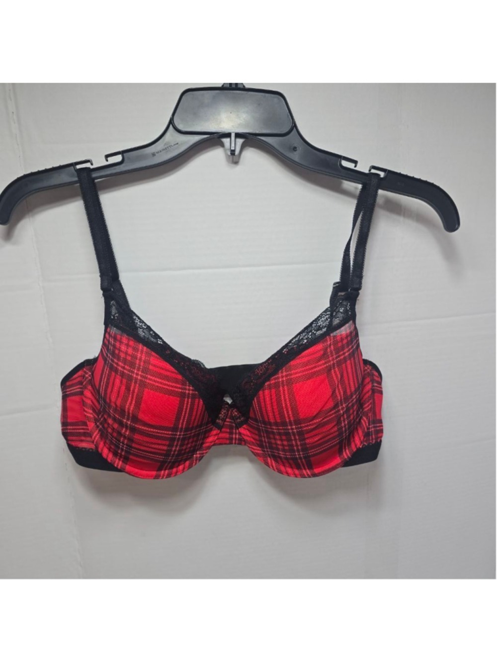 Women's PARADE Red Plaid & Black Lace Bra L